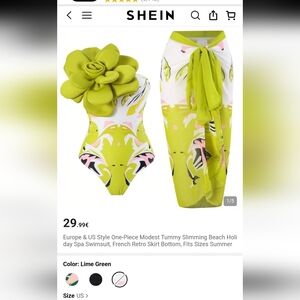 NWOT SHEIN Lime Green Floral One Shoulder One Piece Swimsuit and Skirt Set